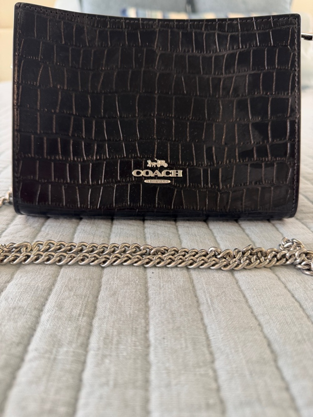 Coach Black Croc-Embossed Leather Chain Crossbody Bag